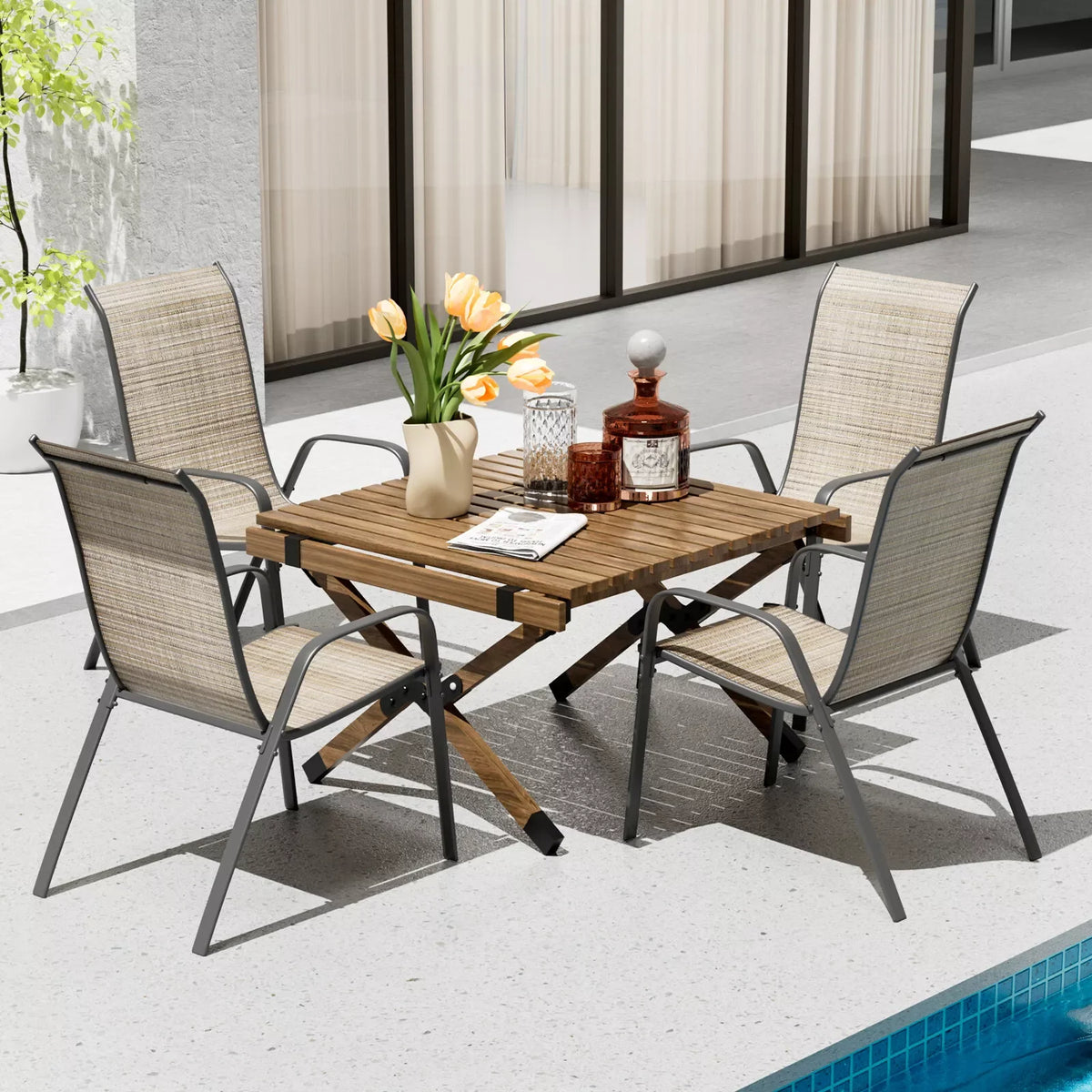 Patio Chairs Set of 4 Outdoor Textilene Stackable Dining Sitting for All Weather, Breathable Lawn Garden Furniture with Armrests