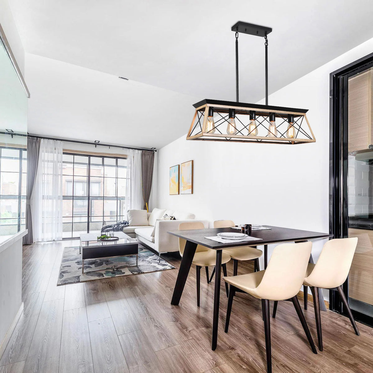 Farmhouse Chandeliers for Dining Room, 5-Light Rustic Kitchen Island Lighting, Adjustable Height Pendant Light Oak (No Bulbs)