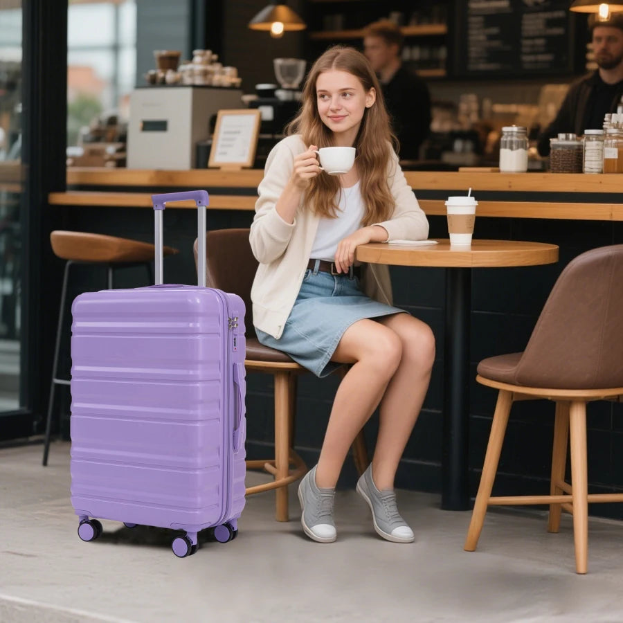 Tourist carry-on luggage set for travel, ABS material, blue+purple matching colors, spinner wheels and combination lock