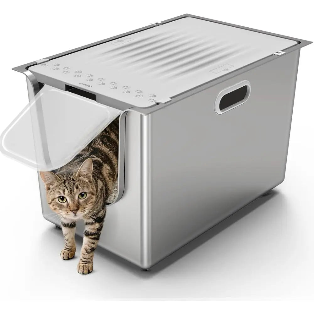 StainlSteel Litter Box with Lid, Cat Litter Box with Door 14.5'' High Sides, XL Metal Kitty Litter Pan, Pet Toilet with Wheels o