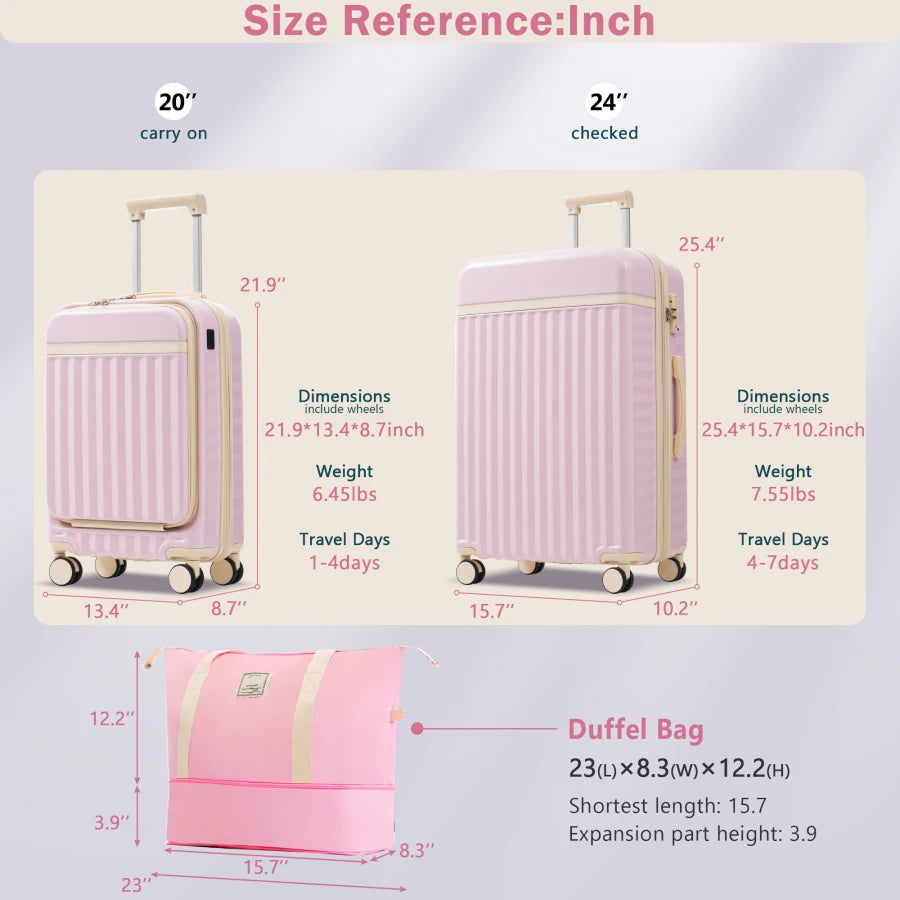 Front Opening Luggage Set 3 Piece: Hardside Carry-on Suitcase with USB Port, Expandable Design, Black Polycarbonate, TSA Lock S