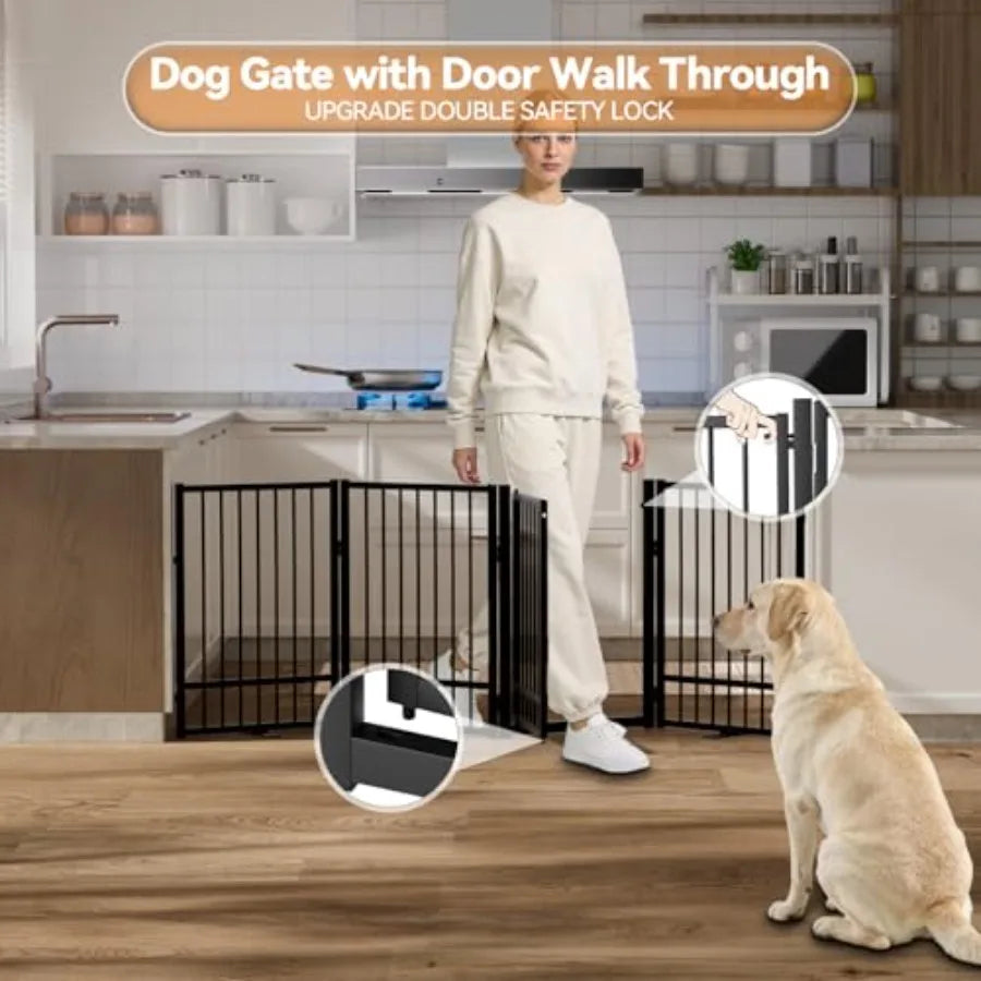 Full Metal Freestanding Dog Gate with Door 32''Height Foldable Pet Dog Fence for Indoor and Outdoor 4 Panels Extra Wide Free St