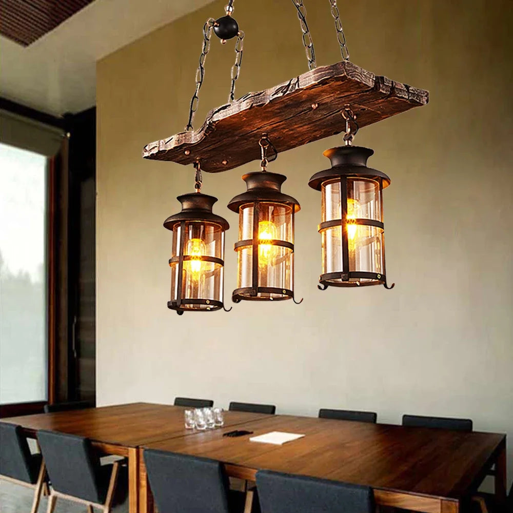 Three-Light Rustic Chandelier, Farmhouse Style Chandelier, Vintage Kitchen Ceiling Light, Wooden Pendant Light Fixture