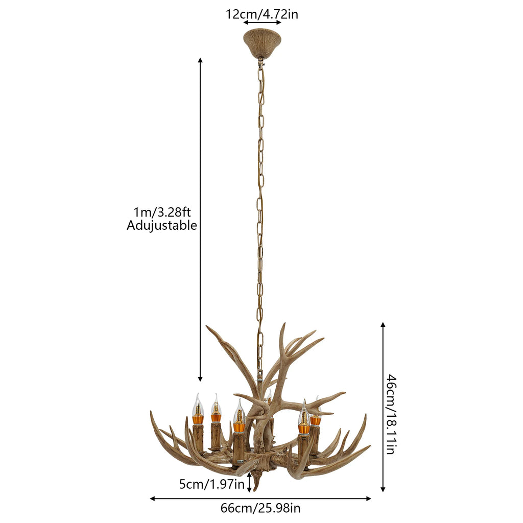 Rustic Antler Chandelier 6 Lights,Farmhouse Chandeliers with Resin 6Antlers and Retro Metal Wagon Wheel Chandelier Vintage Style
