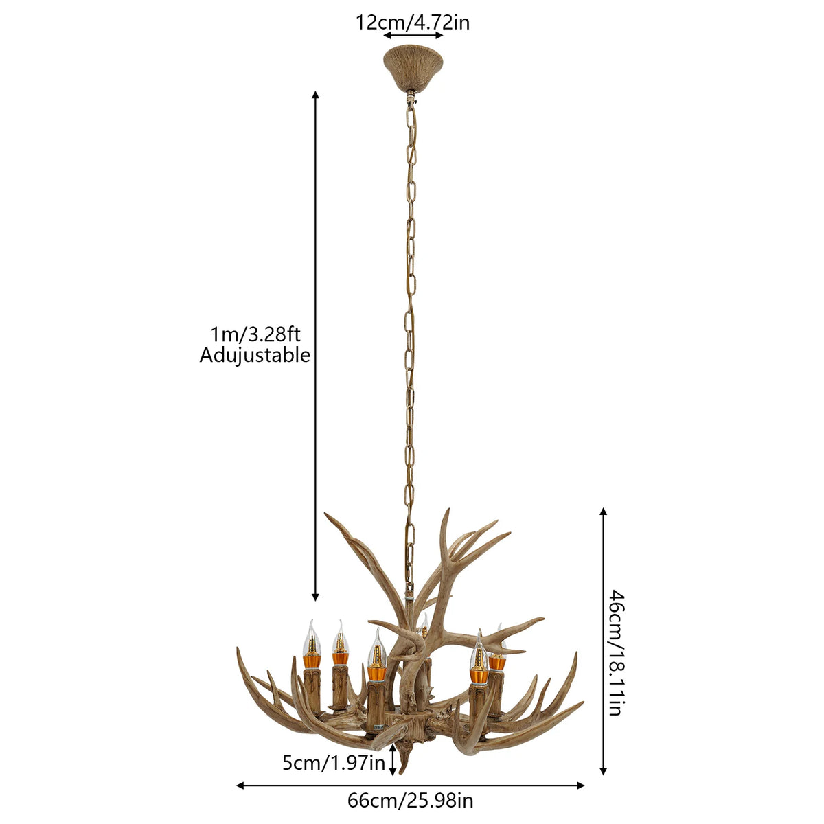 Rustic Antler Chandelier 6 Lights,Farmhouse Chandeliers with Resin 6Antlers and Retro Metal Wagon Wheel Chandelier Vintage Style