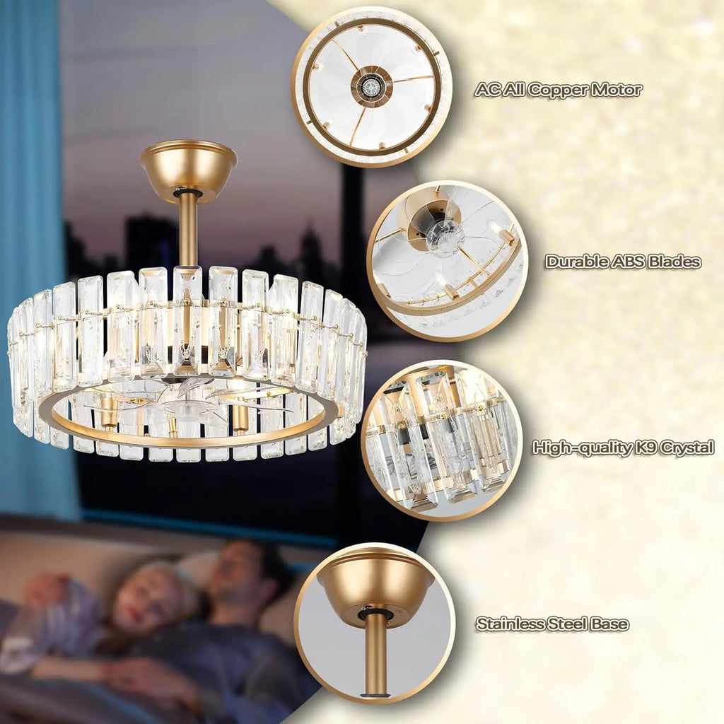 20.7" Modern Crystal Ceiling Fan with Light and Remote,Low Profile Flush Mount Ceiling Fan Gold Chandelier Ceiling Fans 6 Speeds