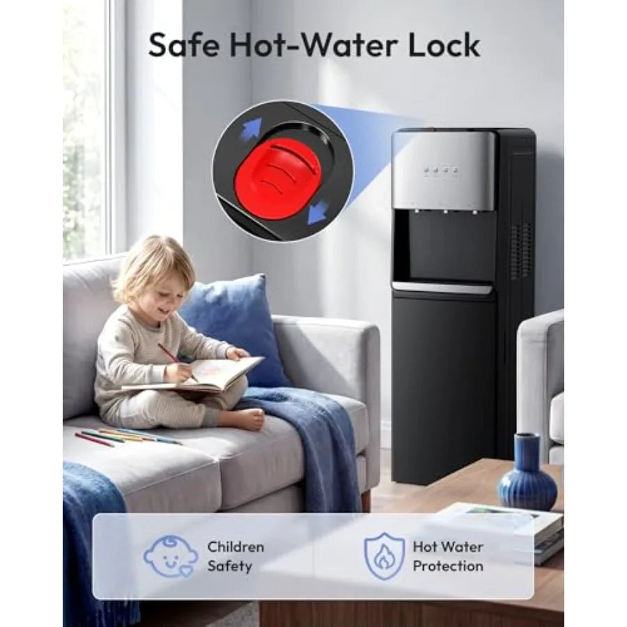 Self-Cleaning Bottom-Loading Water Dispenser for 5 Gallon Bottles - Black 3 Temperature Settings with Hot Room and Cold Water O
