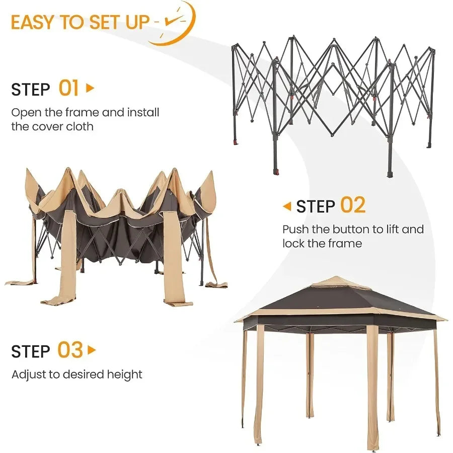 13x13 Pop Up Gazebo Double-Tier W/Mesh Netting Patio Canopy Brown