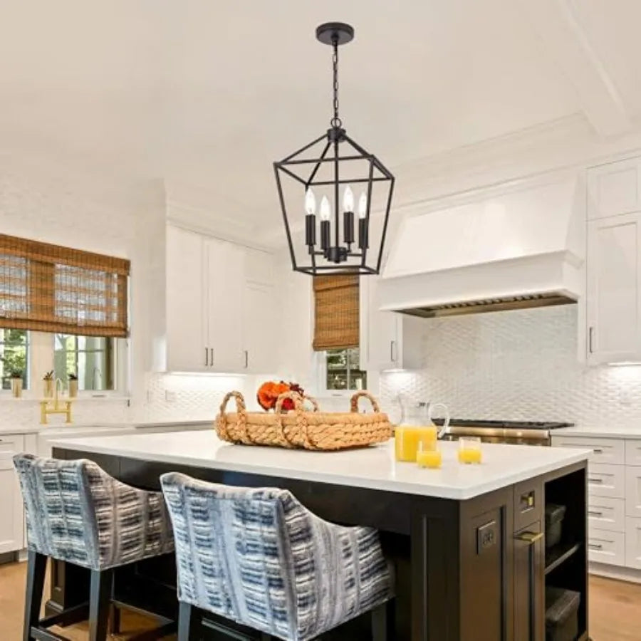 Farmhouse Chandelier in Oil Rubbed Bronze, 4-Light Vintage Openwork Cage Lantern Pendant for Kitchen Island, Dining Room, Entry