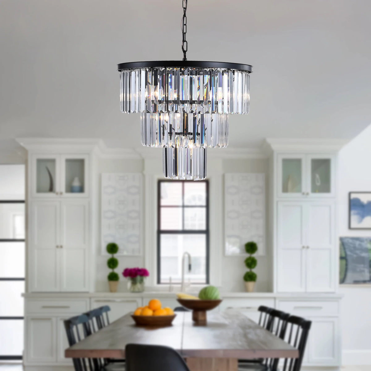 Multi-Finish 3-Tier K9 Crystal Chandelier - 20 Inch  Metal Frame Light, Black  Adjustable Height Rust-Resistant Fixtur