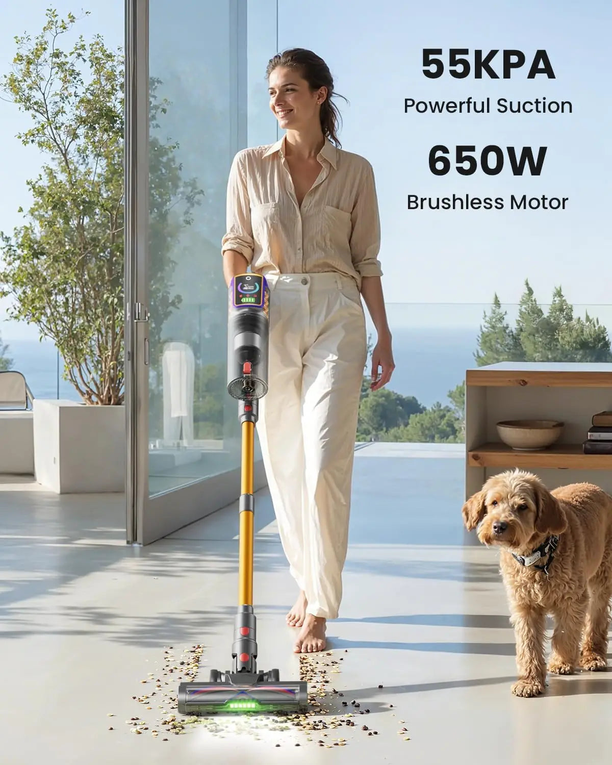 Cordless Vacuum Cleaner 55KPa 650W 65Mins, Stick Vacuum with LED Display Anti-Tangle Brush for Home Floors Carpet Pet Hair