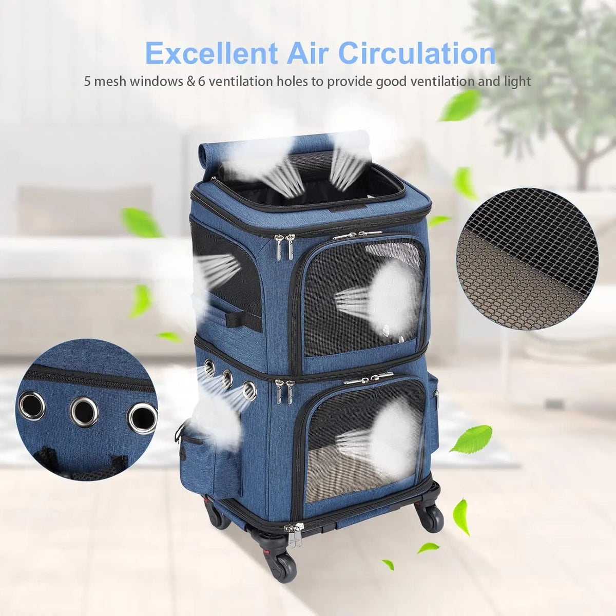 Double-Compartment Pet Carrier Backpack with Wheels for Small Cats and Dogs, Perfect for Traveling and Vet Visits, Blue