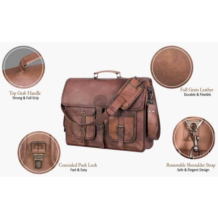 Leather Messenger Bag for Men and Women 18 inch Large Vintage Leather Briefcase Laptop Shoulder Bag Unisex Crossbody Messenger