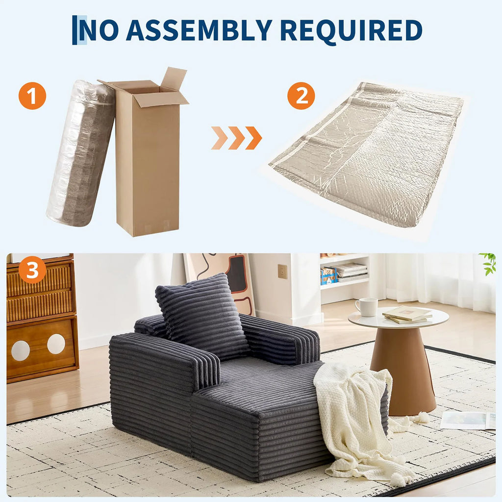 45'' Corduroy Cloud Chaise Lounge Sofa, Deep Seat Reading Chair With Wide Armrests, Back Pillow, No-Assembly Couch