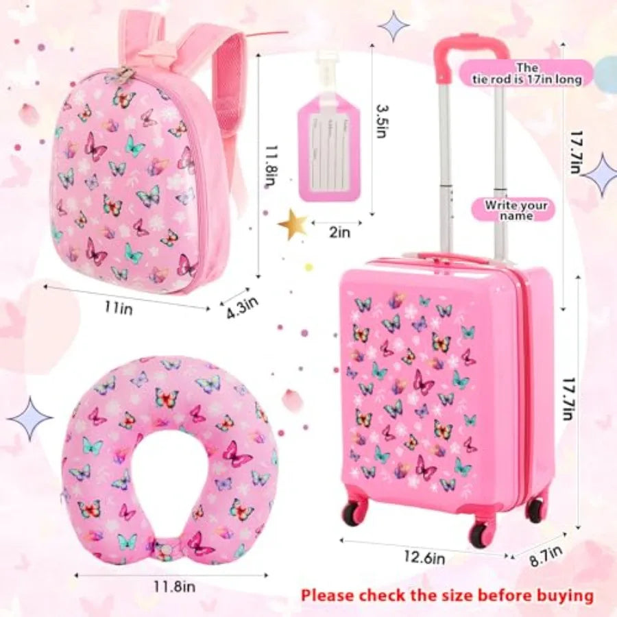 4 Pcs Luggage Set Carry On Rolling Suitcase Backpack Neck Pillow Travel Set Gift for Girls Boys Summer Camp