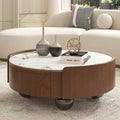 Round Stone Top Coffee Table Dual Storage Drawers Walnut Wood Frame Black Ball Feet Cocktail Table for Living Room Home Office