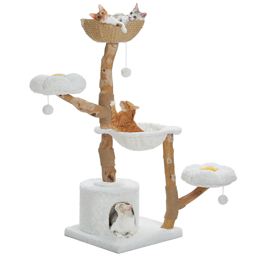 Large Cat Tree Tower with Sisal Scratching Post Wicker Basket Bed Flower Cat Condo Indoor Modern Cat Furniture Cat Accessories