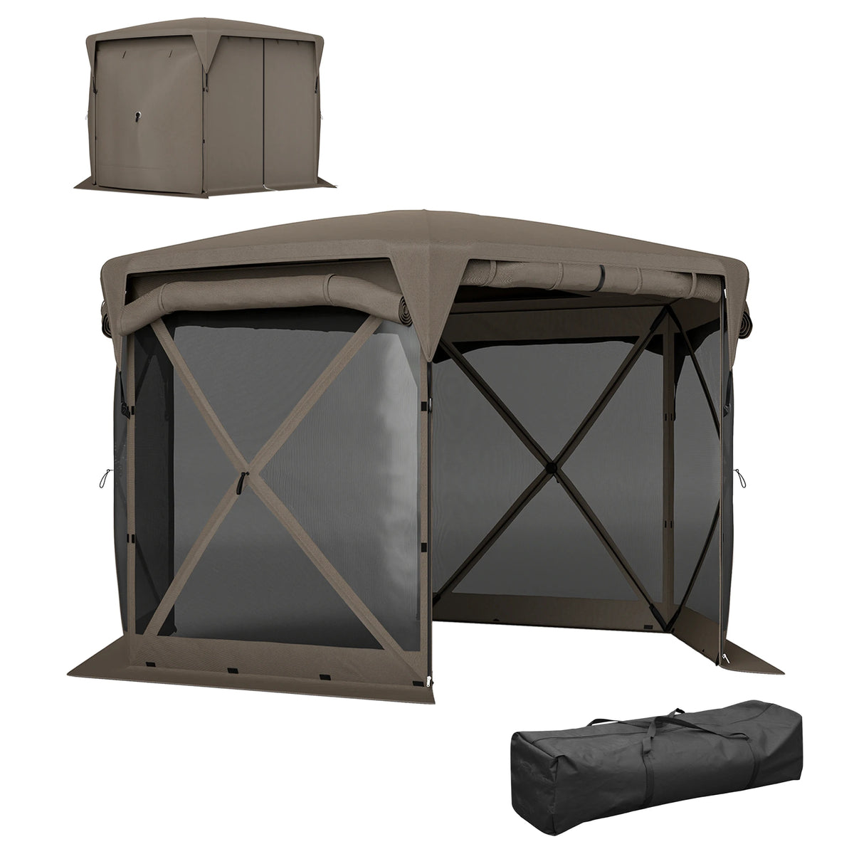 11 X 11ft Pop up Gazebo Screen Tent with Removable Roof Cover, 4 Roll-Up Wind Panels for Camping, Patio, Backyard, Lawn, Brown
