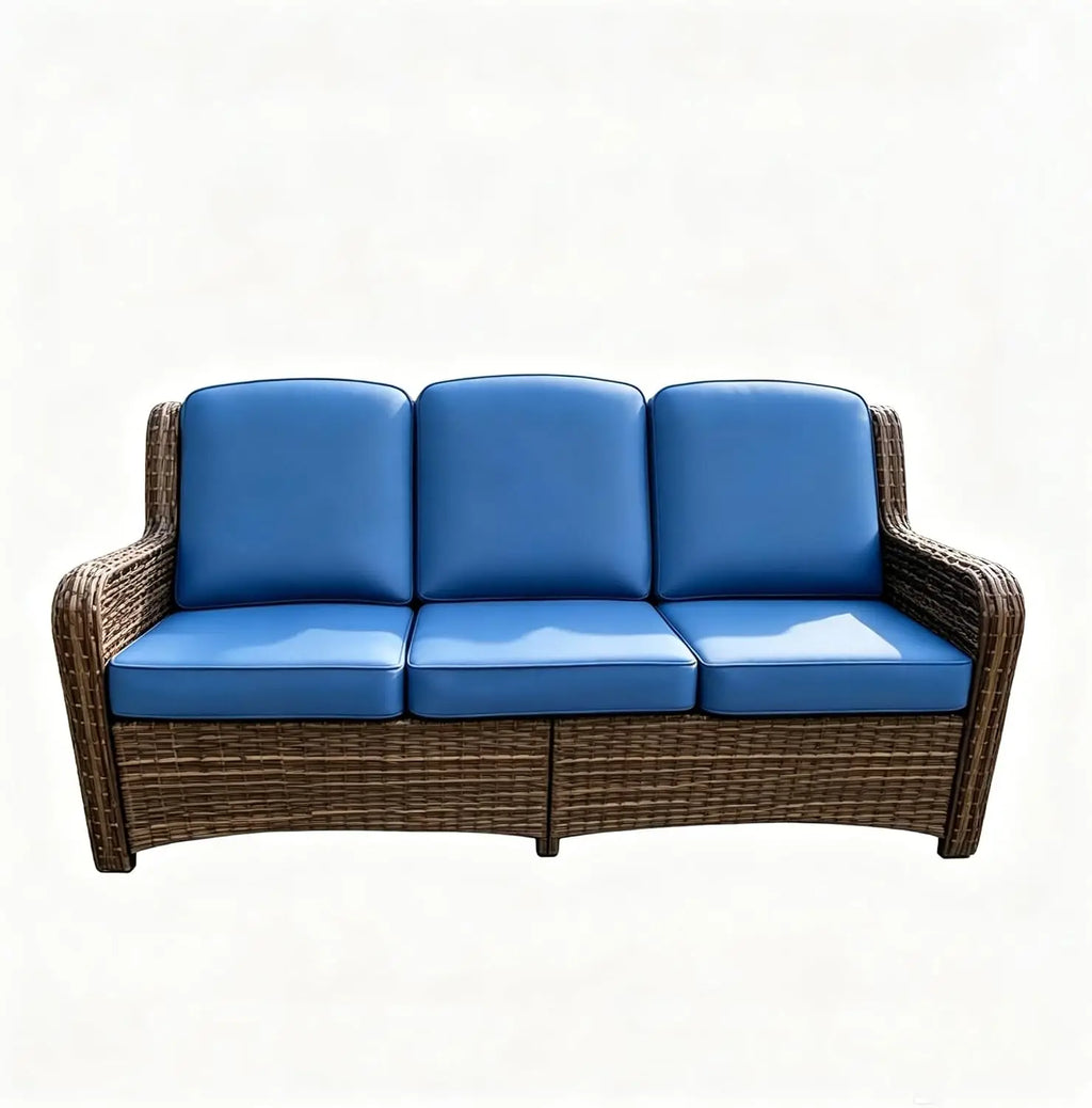 Outdoor Patio Wicker Sofa 3-Seater with Wide Armrests Comfortable Garden Couch for Entertaining And Relaxing(Blue)