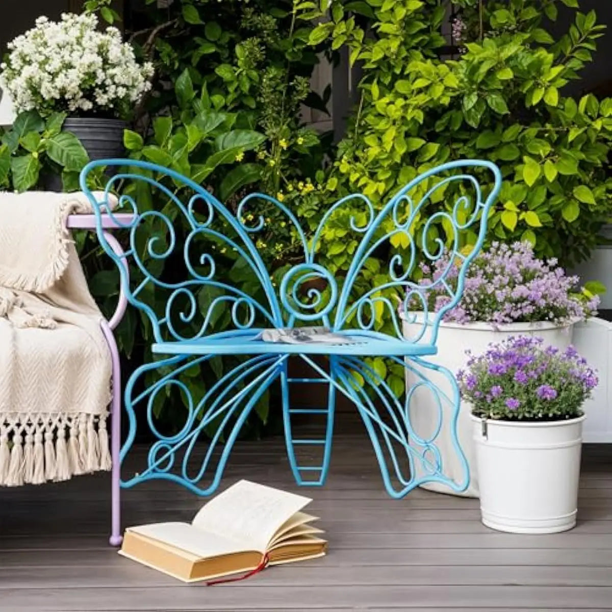 49 Inch Garden Butterfly Bench Featuring Powder-Coated Iron Frame for Outdoor Durability and Indoor Versatility in Vibrant Blue