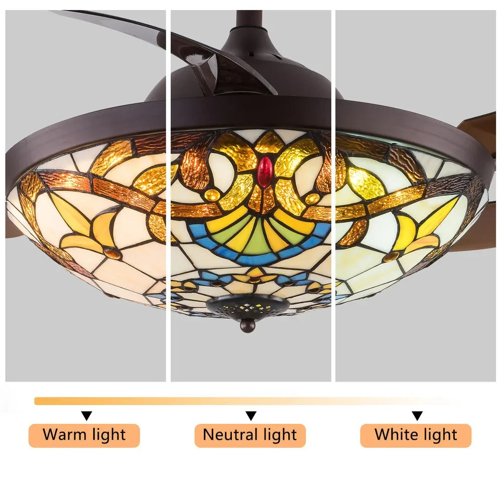 2in Tiffany Ceiling Fan Lamp Retractable Blades Invisible Fan LED Light Remote Control Lighting Color Changes & Speed Settings