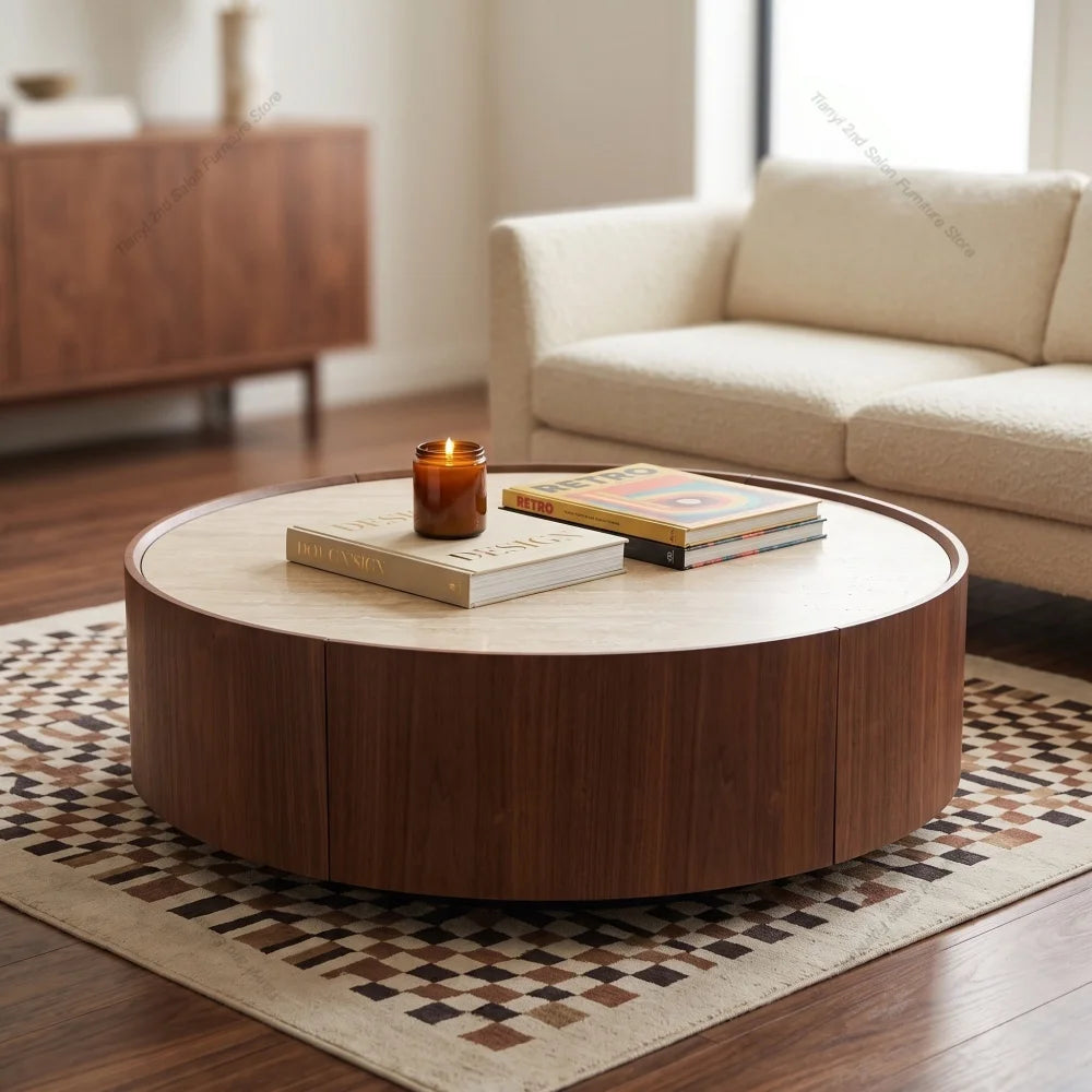 Round Coffee Table, with A Sintered Stone Top Featuring Inlaid Details and Natural Walnut Veneer, Incorporating Storage Space