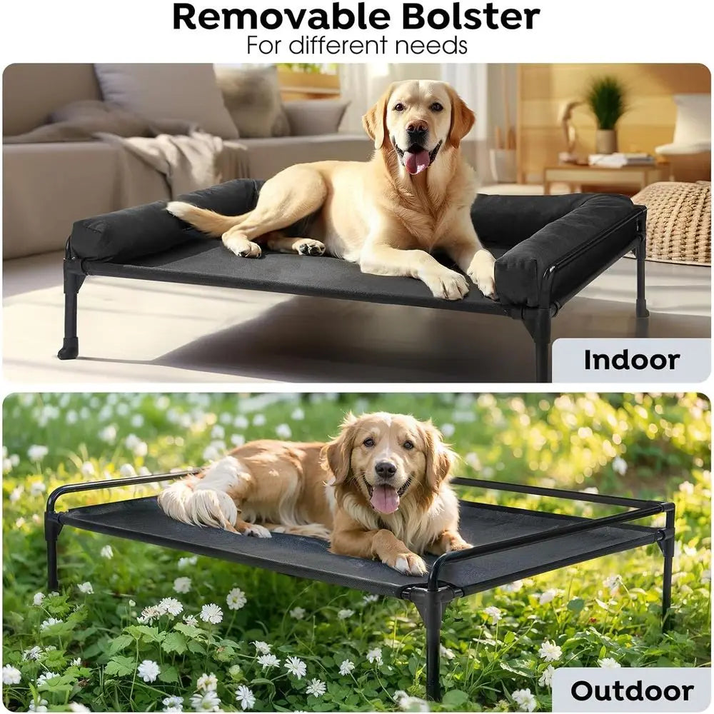 Veehoo Elevated Raised Dog Bed-Cooling Outdoor Dog Cot Bed for Large Sized Dogs Three-Sided Fence Raised Pet Cot with Mesh & No-