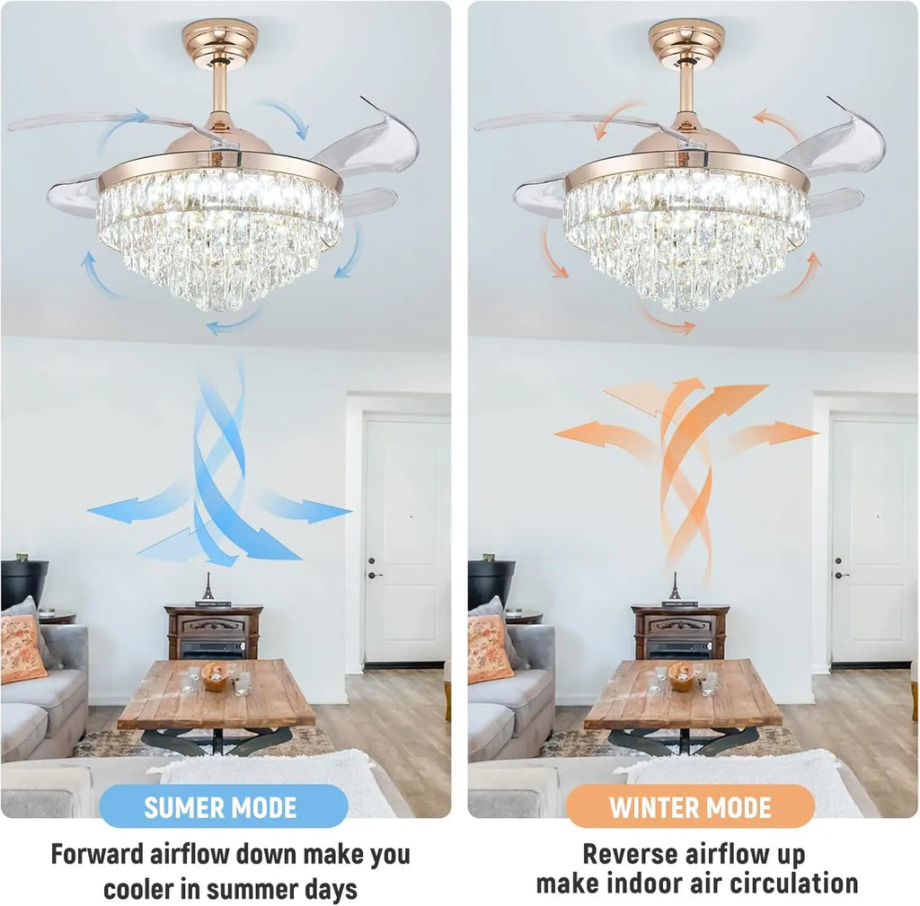 42'' Dimmable Ceiling Fan with Light and Remote Crystal Modern Chandelier Fan Retractable Fandelier with Memory, Silent Motor, 6