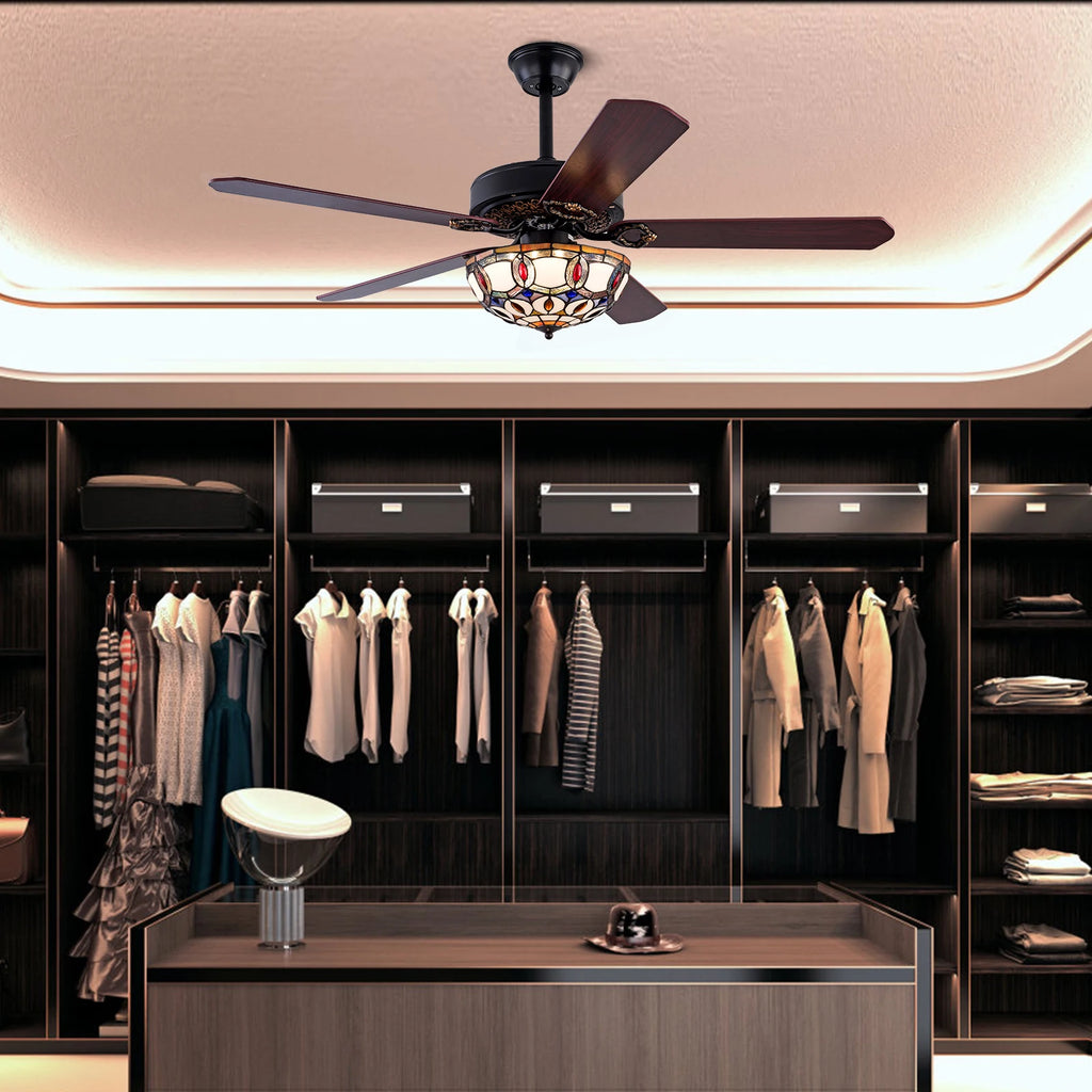 52'' Tiffany Ceiling Fan with 3 Lights + Remote Control Wooden Ceiling Fan