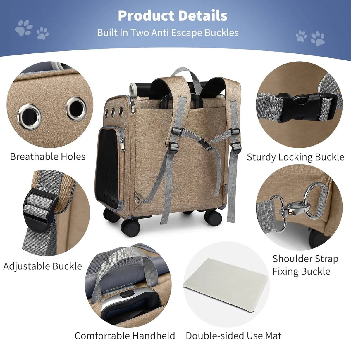Foldable Pet Carrier Backpack with Wheels for Small Dogs and Cats up to 24lbs, Airline Approved with Storage Pockets