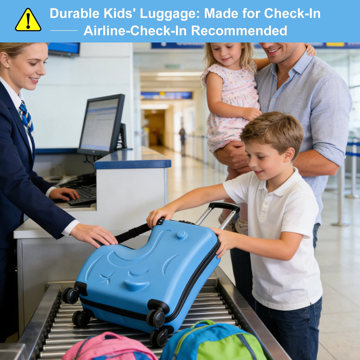 20in Kids Ride-On Luggage, Toddler Luggage Seat, Kids Travel Suitcase with Safety Belt, Wheels for Toddlers, (Blue, Caeey-On)