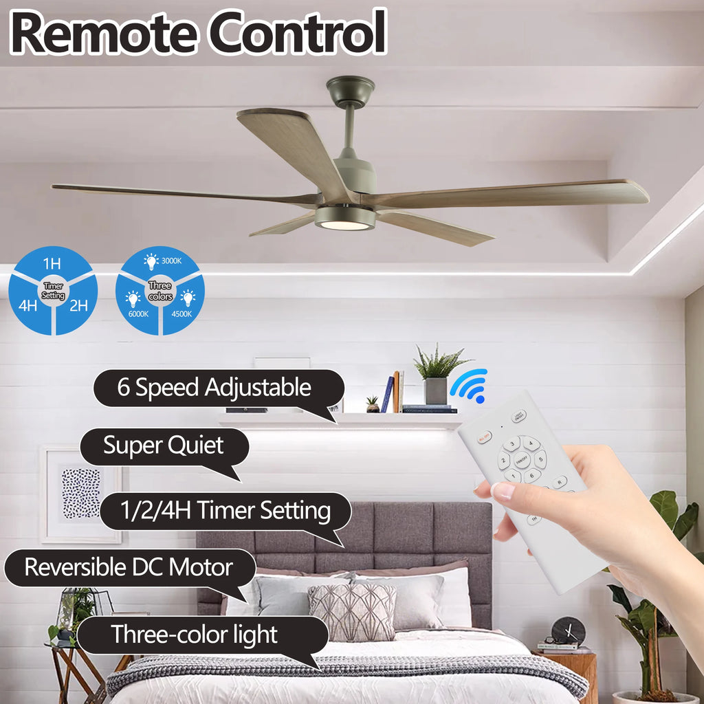 ARLGSITE60" Modern Wood Ceiling Fan with Light and Remote Control,6-Speed Noiseless Reversible DC Motor, Ceiling Fan
