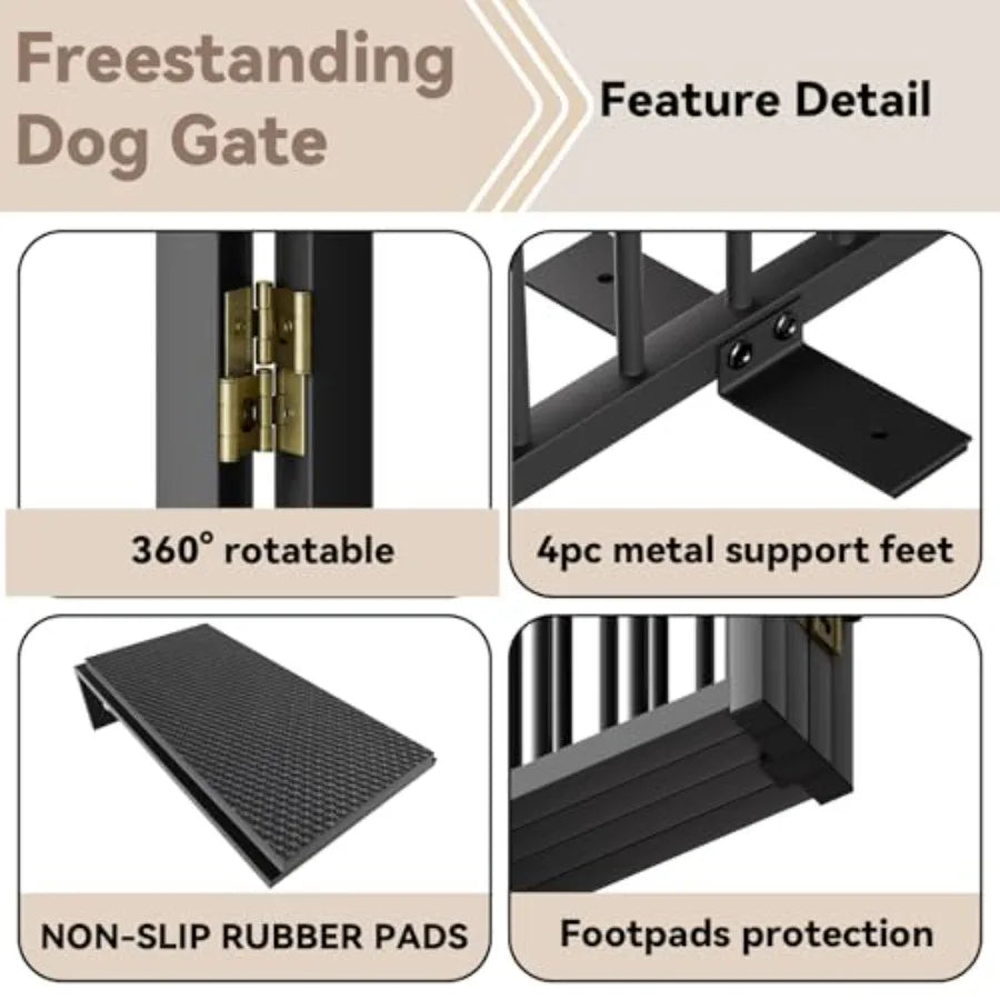 Full Metal Freestanding Dog Gate with Door 32''Height Foldable Pet Dog Fence for Indoor and Outdoor 4 Panels Extra Wide Free St
