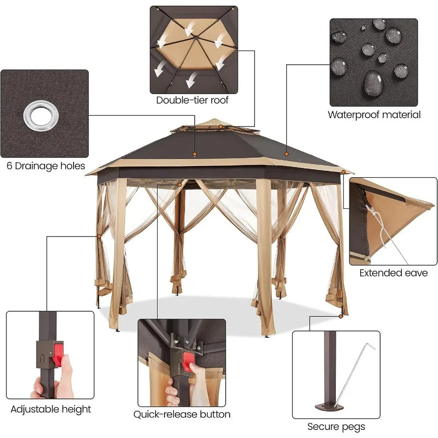 13x13 Pop Up Gazebo Double-Tier w/Mesh Netting Patio Canopy Brown