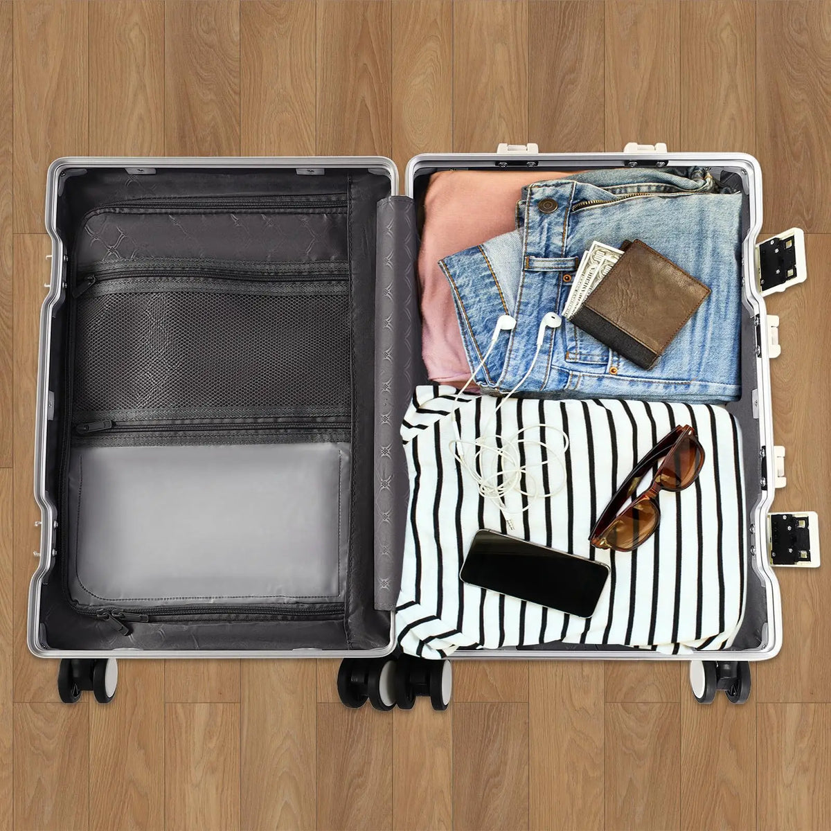 Carry On Luggage, 20" Zipperless Luggage, Hard Shell Suitcase with Front Pocket, Cup Holder and Locks, White