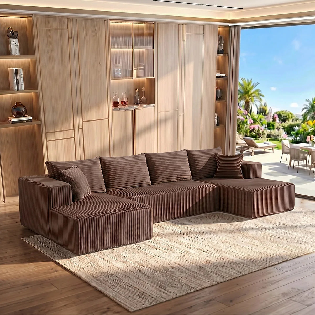 128" Boneless Modular Sectional Cloud Sofa, U-Shaped Double Chaise, Deep Seat, with 8 Free Throw Pillows for Living Room