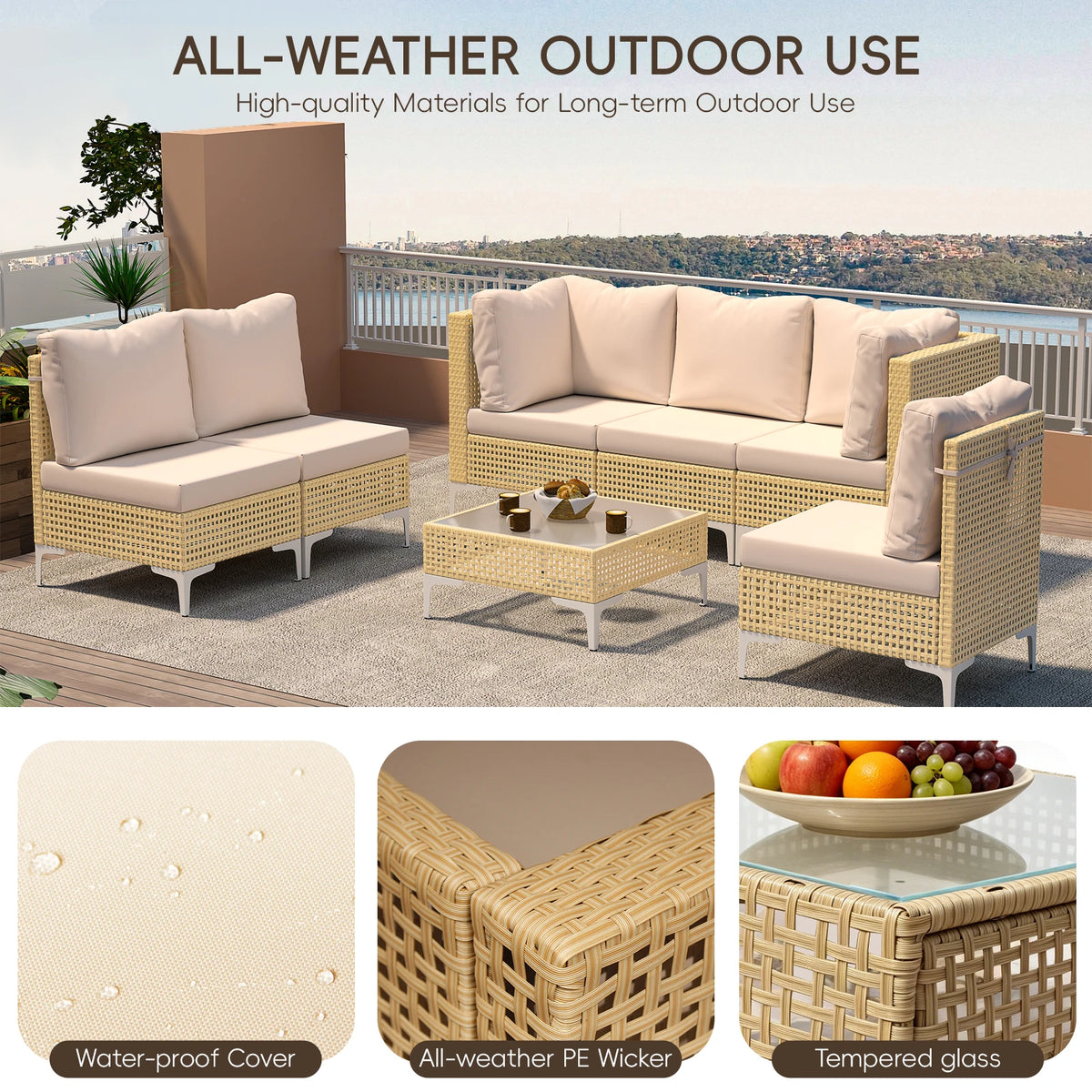 9-Piece Outdoor Patio Furniture Set Wicker Sectional Sofa with Thick Cushions And Glass Table for Backyard Garden