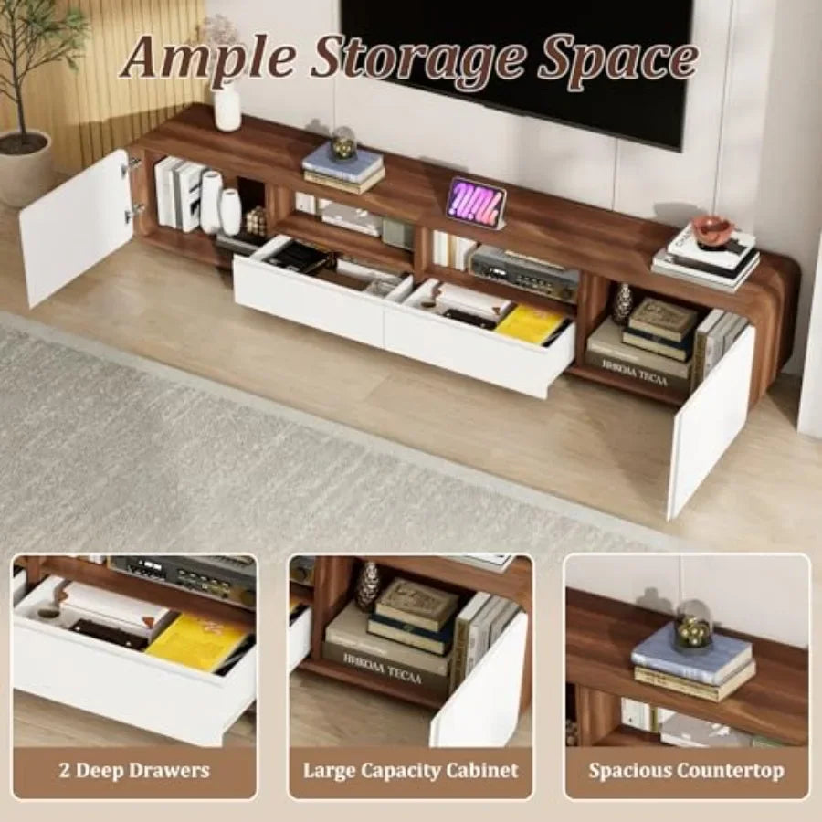 95" TV Stand for Living Room, Rounded Edge Entertainment Center with 2 Large Storage Cabinets and 2 Drawers, Modern TV Console
