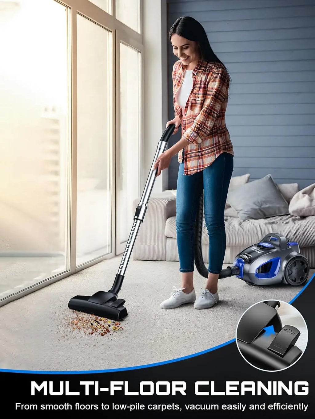 40Kpa 1600W Bagless Canister Vacuum Cleaner, 3.7QT Dust Cup for Hard Floors, Carpets, Pet Hair