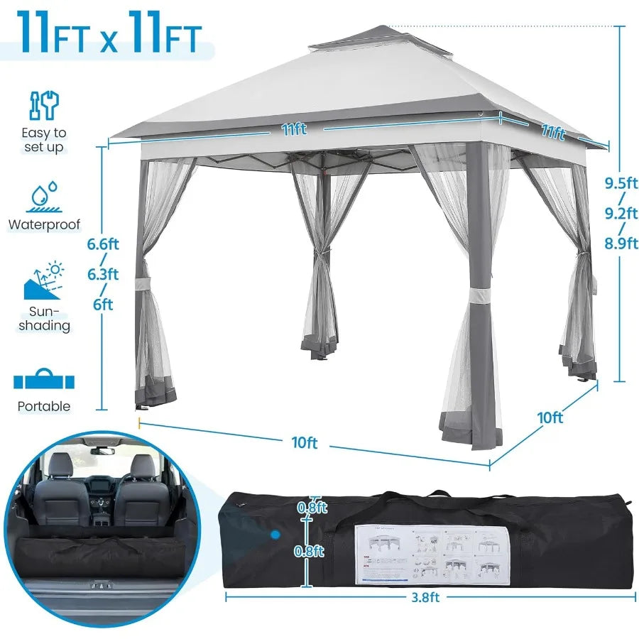 11x11 Pop Up Gazebo Double-Tier Canopy Tent w/Mesh Netting, Gray