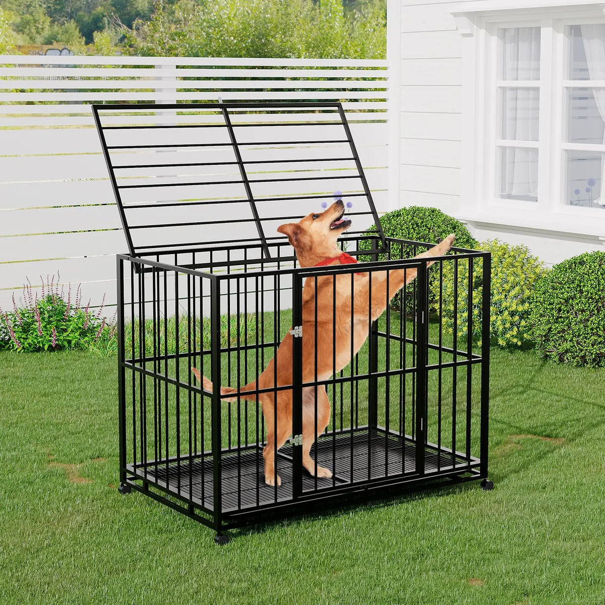 36/42/48 Inch Heavy Duty Stainless Steel Dog Crate Escape Proof Indestructible Dog Kennel  With Wheels & Removable Tray