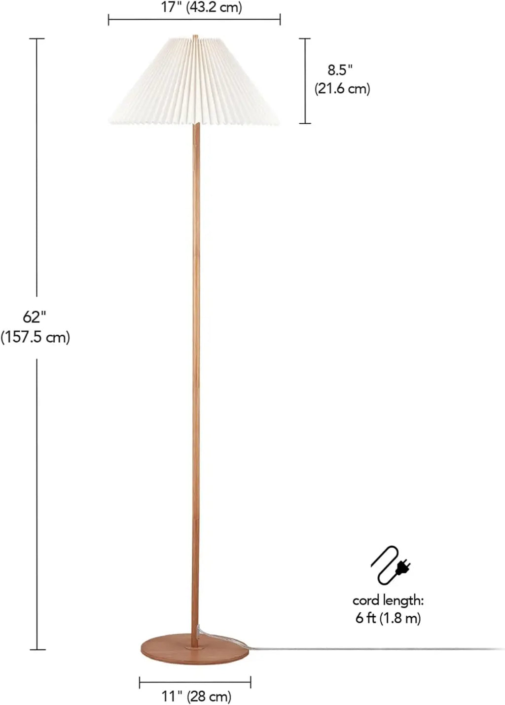62" Modern Floor Lamp with Wood-Toned Base and Pleated Shade, Pull Chain Switch for Living Room or Bedroom Lighting