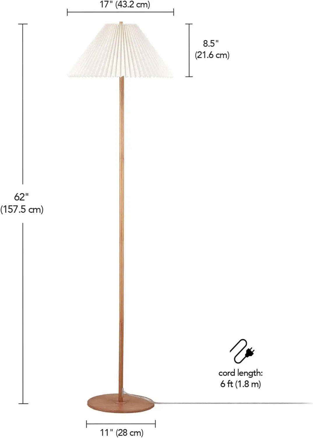 62" Modern Floor Lamp with Wood-Toned Base and Pleated Shade, Pull Chain Switch for Living Room or Bedroom Lighting