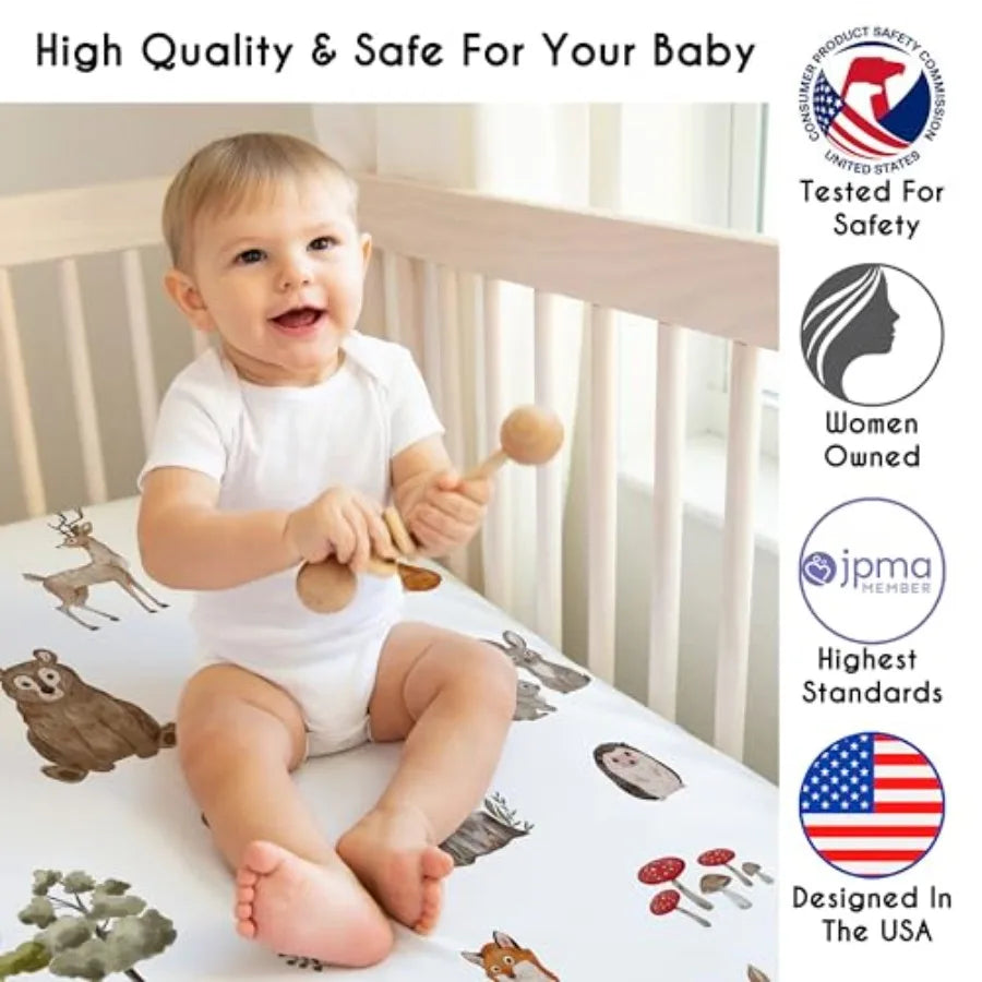 4-Piece Baby Crib Bedding Set Woodland Animals for Boys or Girls Infants/Nursery incl. Blanket Fitted Sheet Skirt Diaper Stacke