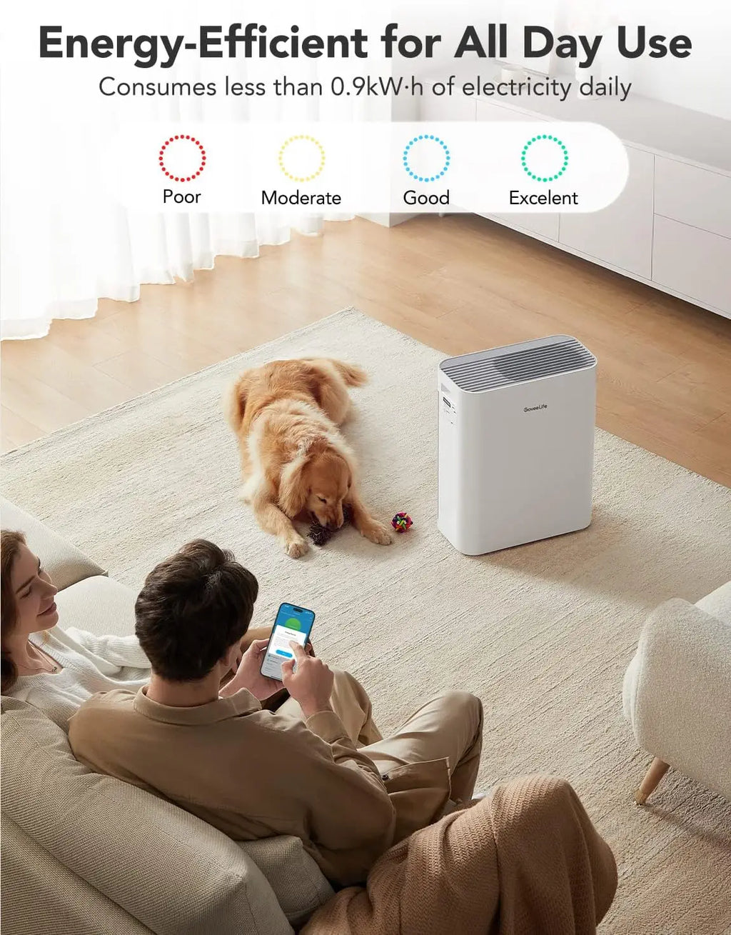 Smart Air Purifier for Large Rooms with PM2.5 Sensor, Washable Filter, App Control, and Pet Lock