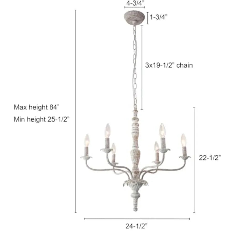 6-Lights French Country Chandelier for Dining Room, Living Room, Kitchen Island, Bedroom Distressed Wood, White, Vintage Modern