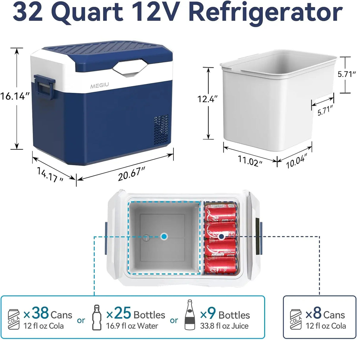 Car Refrigerator Portable 32 Quart 12V Fridge Freezer Compressor Cooler for Truck Van RV Camper SUV and Home Use, Fast Cooling &