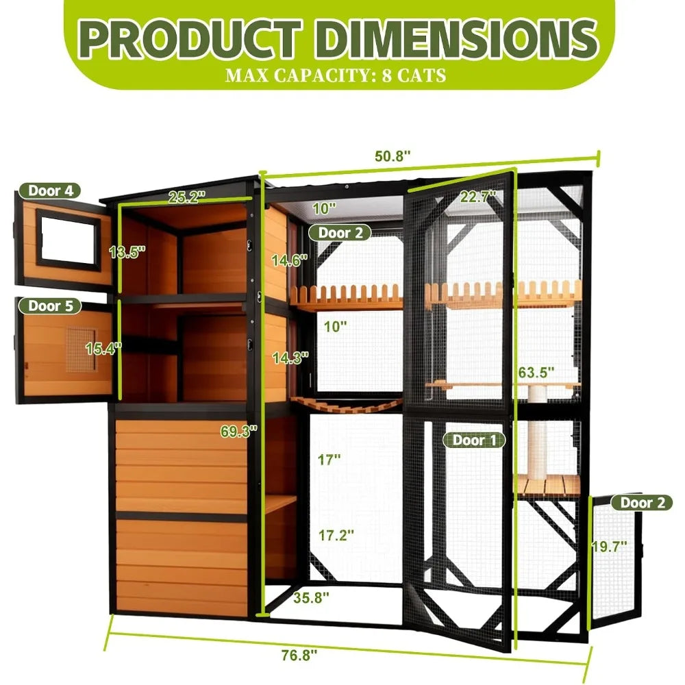 Catio Outdoor Cat Enclosures, Large 4 Tiers Wood Cat House, Cat Enclosure Connect to Window with Weatherproof Roof, 4 Platforms
