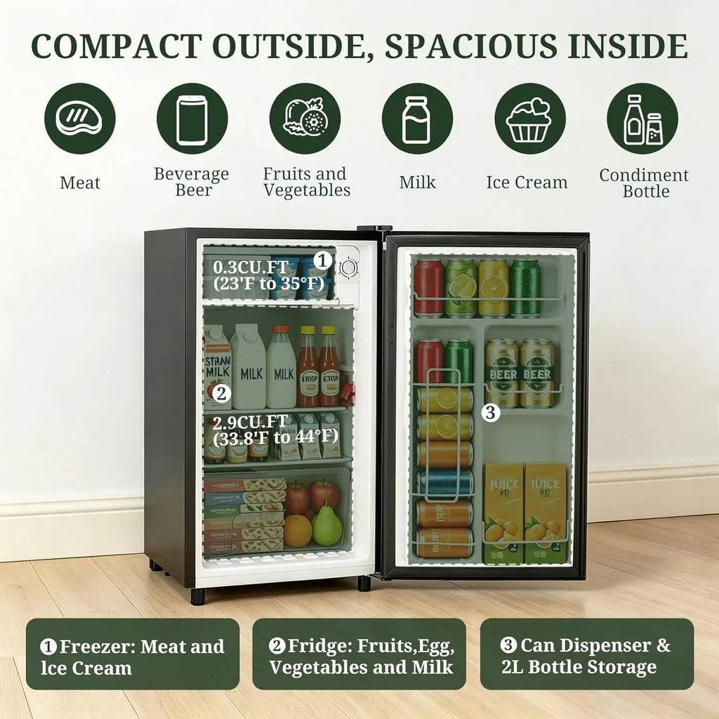 Mini Fridge with Freezer, 3.2 Cu.Ft Compact Refrigerator with Adjustable Thermostat, Energy Efficient 0.41kWh/Day, Small Fridge