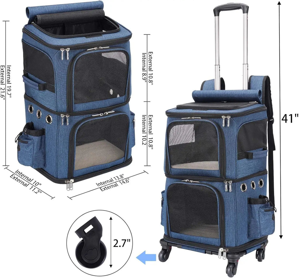 Double-Compartment Pet Carrier Backpack with Wheels for Small Cats and Dogs, Perfect for Traveling and Vet Visits, Blue